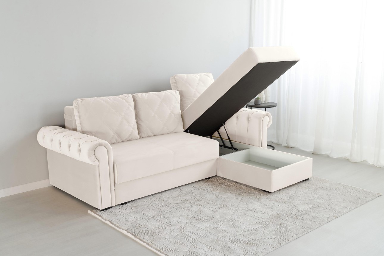 Угловой диван LUXURY 2, с ящиком для хранения, 2500x1800x850 мм, спальное место 2000x1600 мм.