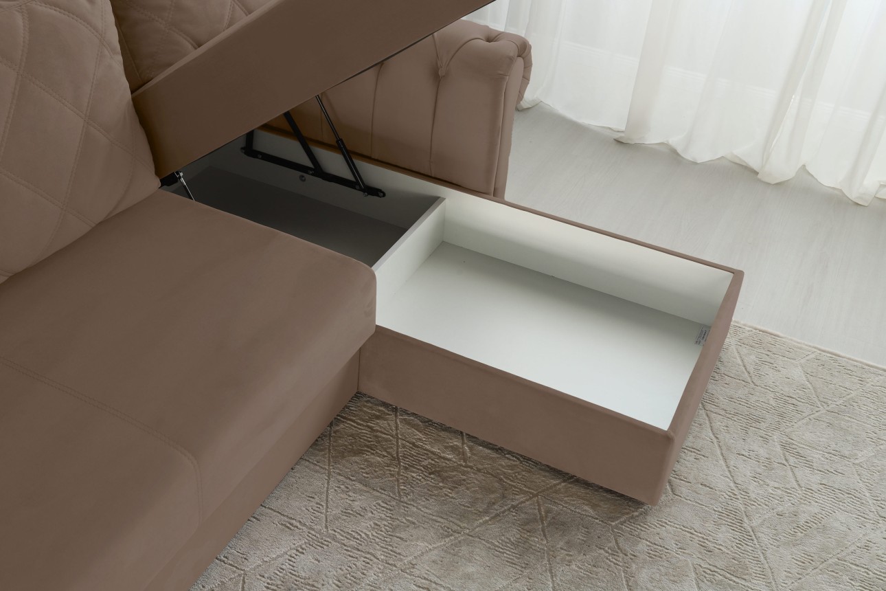 Colțar LUXURY 2, cu ladă de depozitare, 2500x1800x850 mm, suprafața dormit 2000x1600 mm.