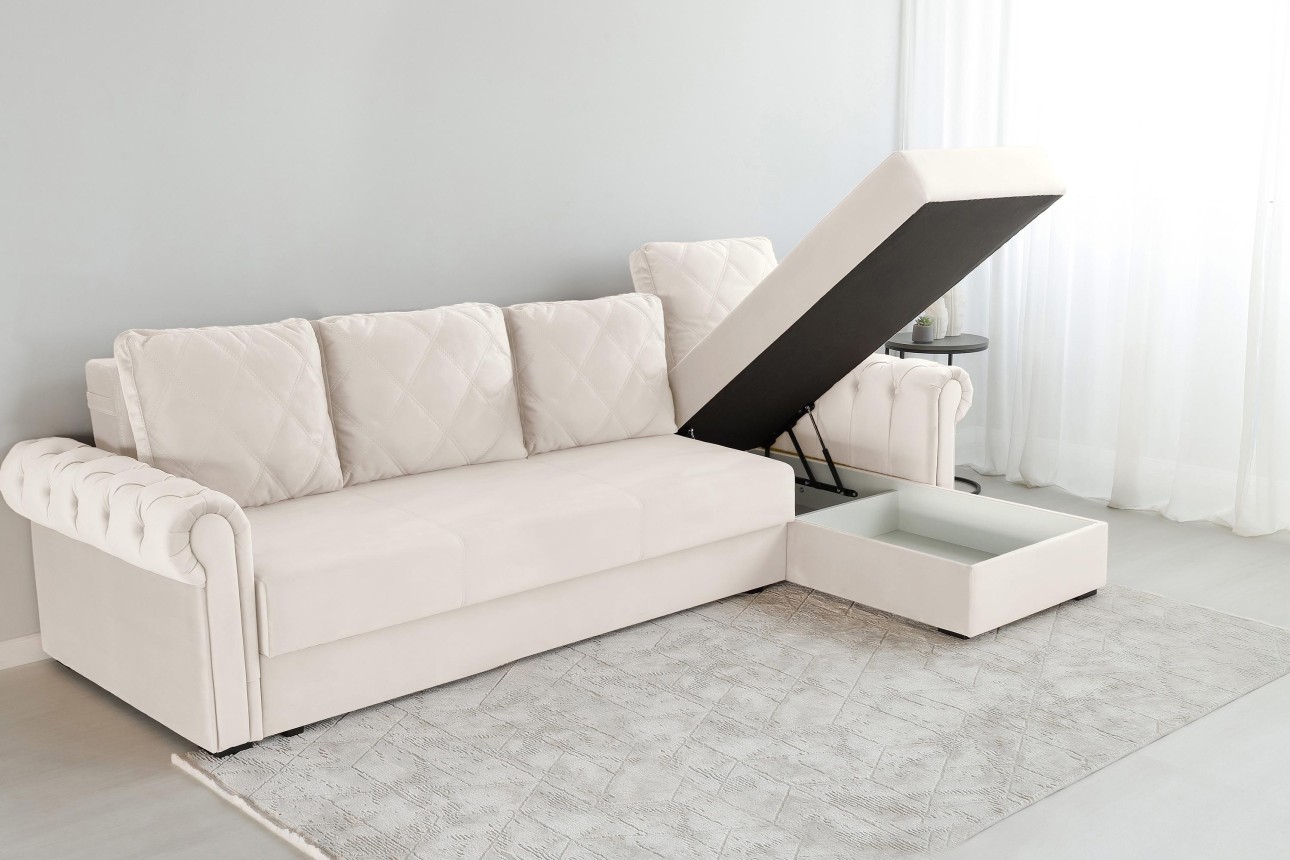 Colțar LUXURY 3, cu ladă de depozitare, 3150x1800x850 mm, suprafața dormit 2630x1600 mm.