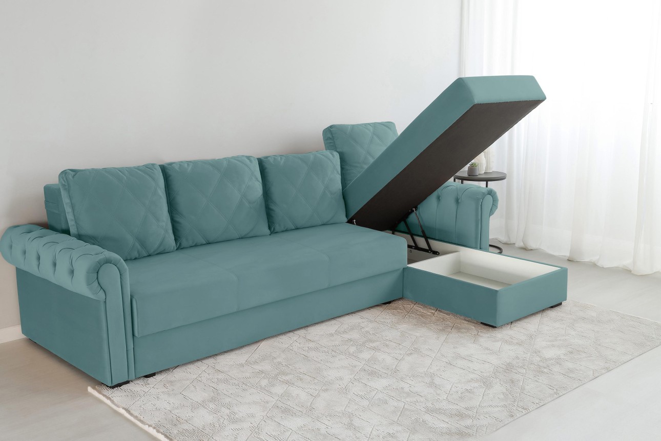 Colțar LUXURY 3, cu ladă de depozitare, 3150x1800x850 mm, suprafața dormit 2630x1600 mm.