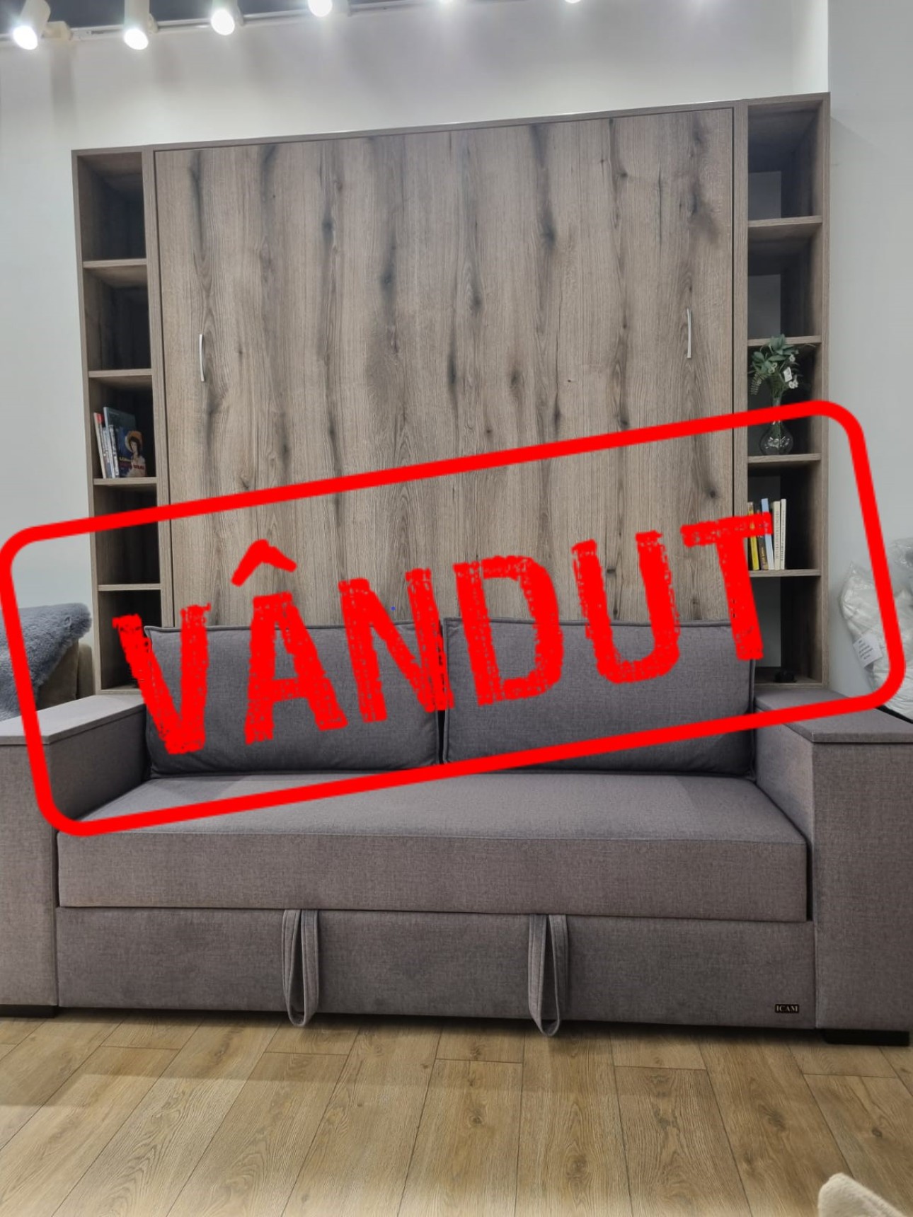 Pat rabatabil cu canapea liniara pe perete, cu mecanism pneumatic si somiera inclusa 1600x2000