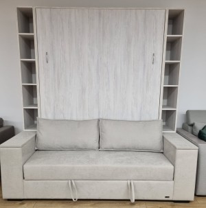 Pat rabatabil cu canapea liniara pe perete, cu mecanism pneumatic si somiera inclusa 1600x2000