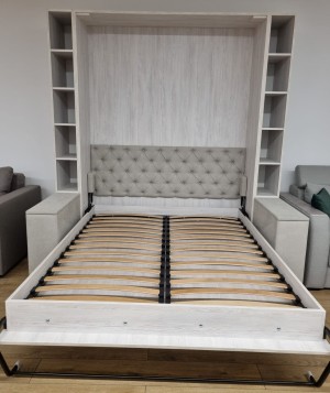 Pat rabatabil cu canapea liniara pe perete, cu mecanism pneumatic si somiera inclusa 1600x2000