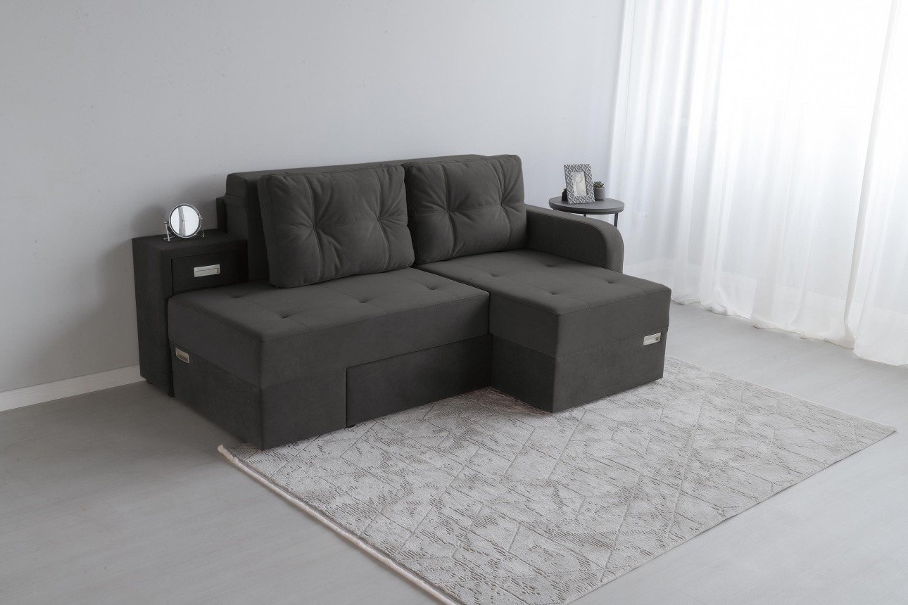 Colțar extensibil MADRID, șezlong dreapta, cu ladă de depozitare, o noptieră integrată, mecanism de extindere „foarfece”, 2100x1500x850 mm, spațiu de dormit 1550x2050 mm.