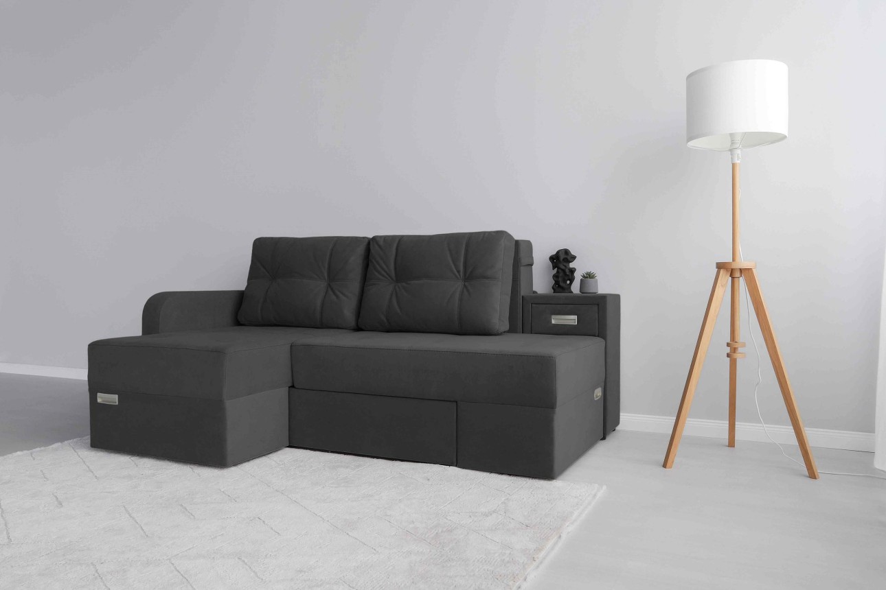 Colțar extensibil MADRID, șezlong stânga, cu ladă de depozitare, o noptieră integrată, mecanism de extindere „foarfece”, 2100x1500x850 mm, spațiu de dormit 1550x2050 mm.