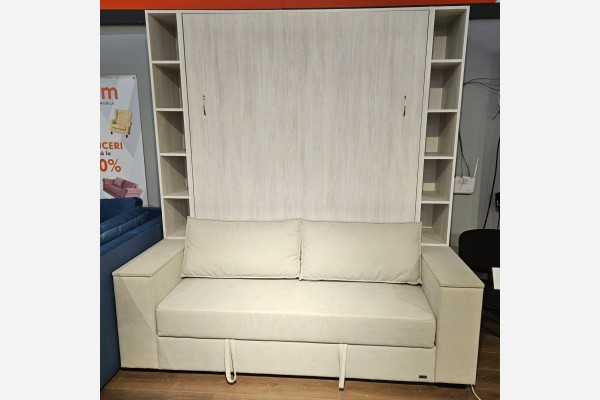 Pat rabatabil cu canapea liniara pe perete, cu mecanism pneumatic si somiera inclusa 1600x2000